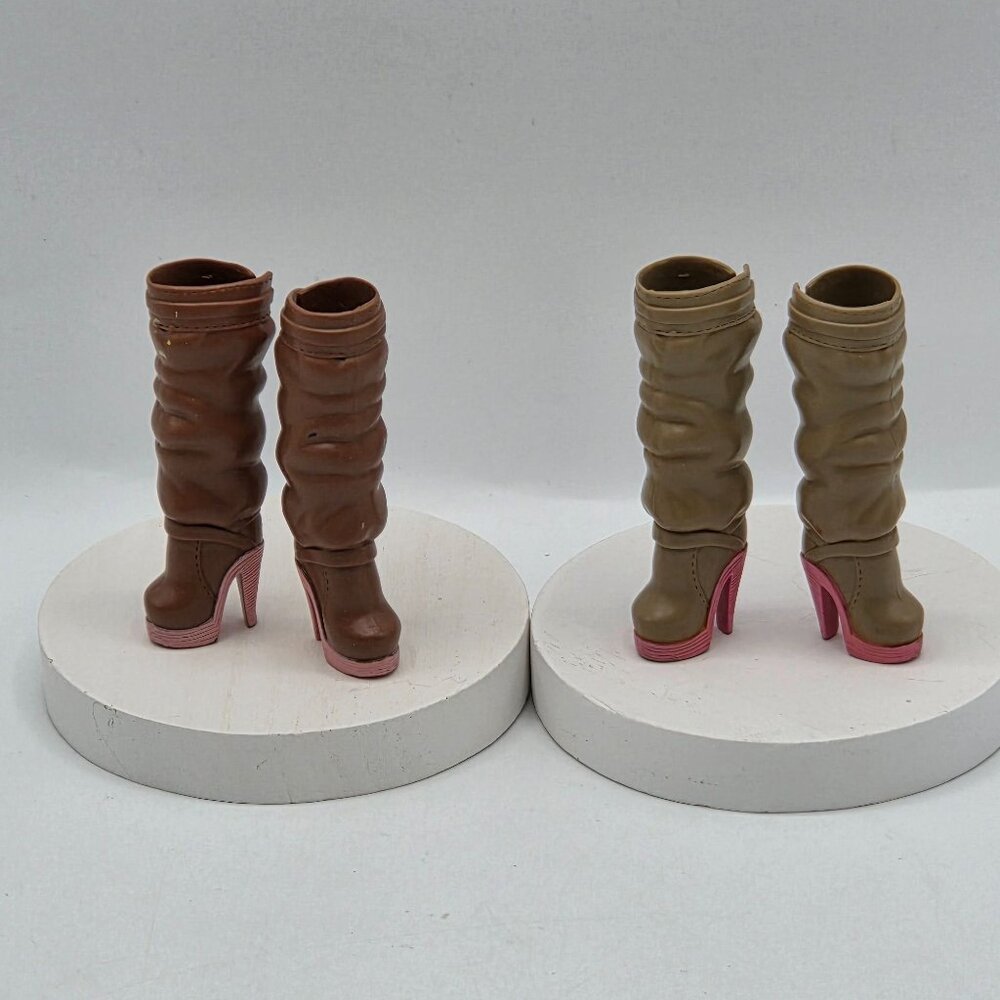 Barbie Doll Knee-High Boots Set In Brown & Beige With Pink Heels